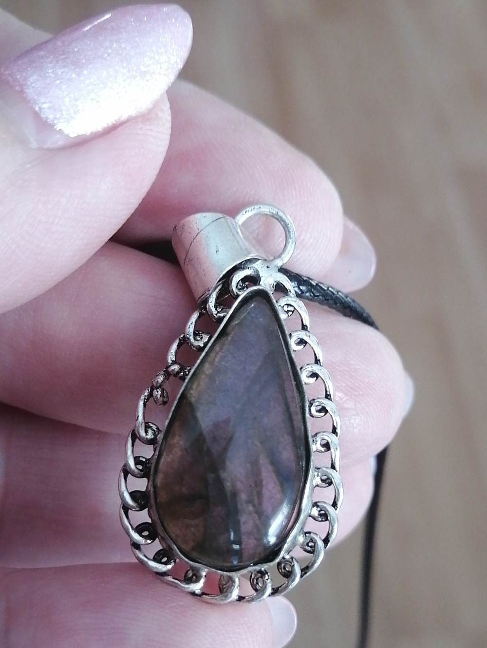 Beautiful Labradorite With Flashes Silver Plated Pendant On Cord Necklace